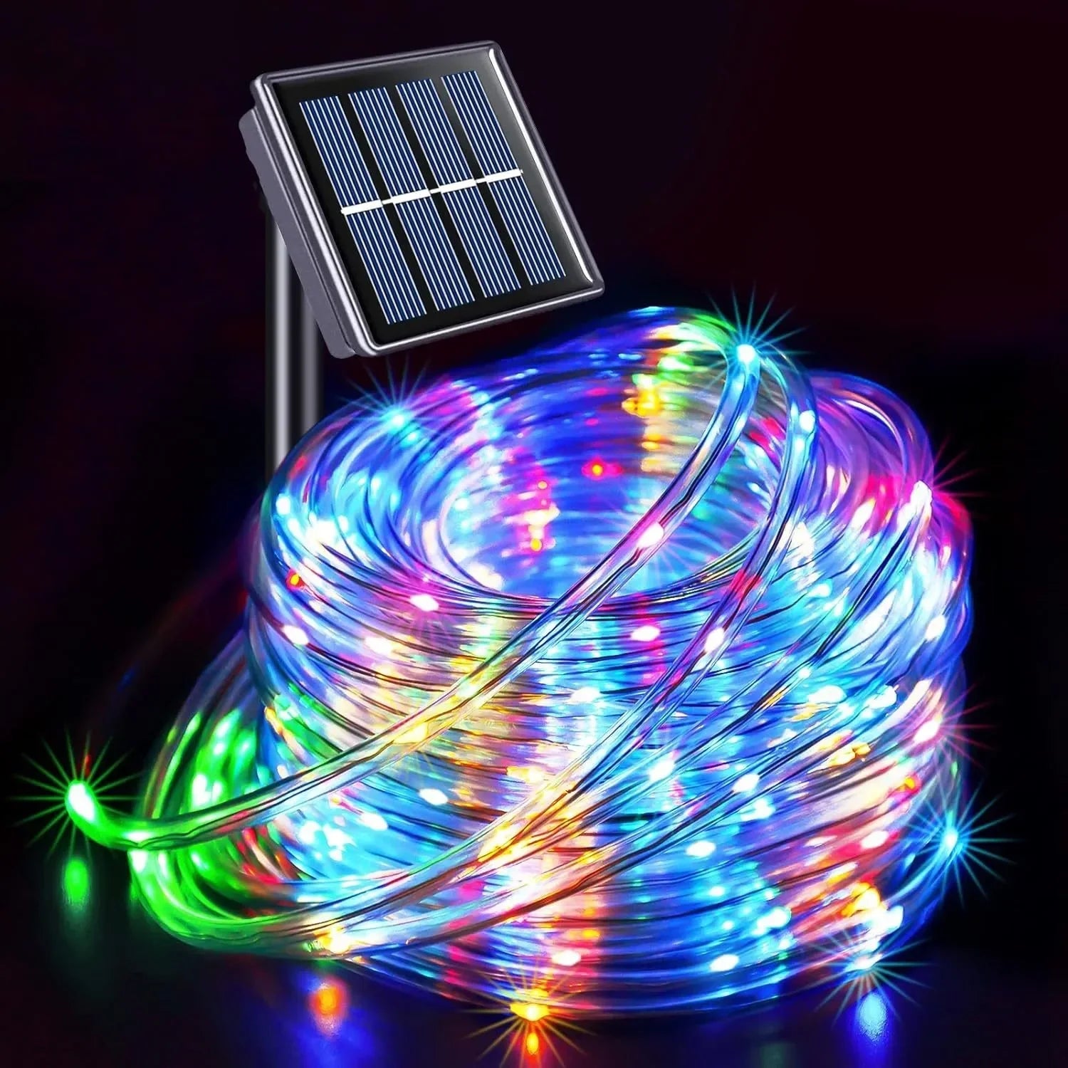Solar-powered led string lights with colorful glowing bulbs in a coiled bundle for outdoor garden and christmas decor