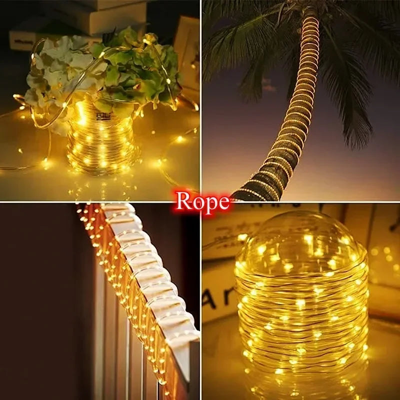 Golden led solar string lights wrapped around a palm tree trunk and coiled in a glass dome for outdoor decor
