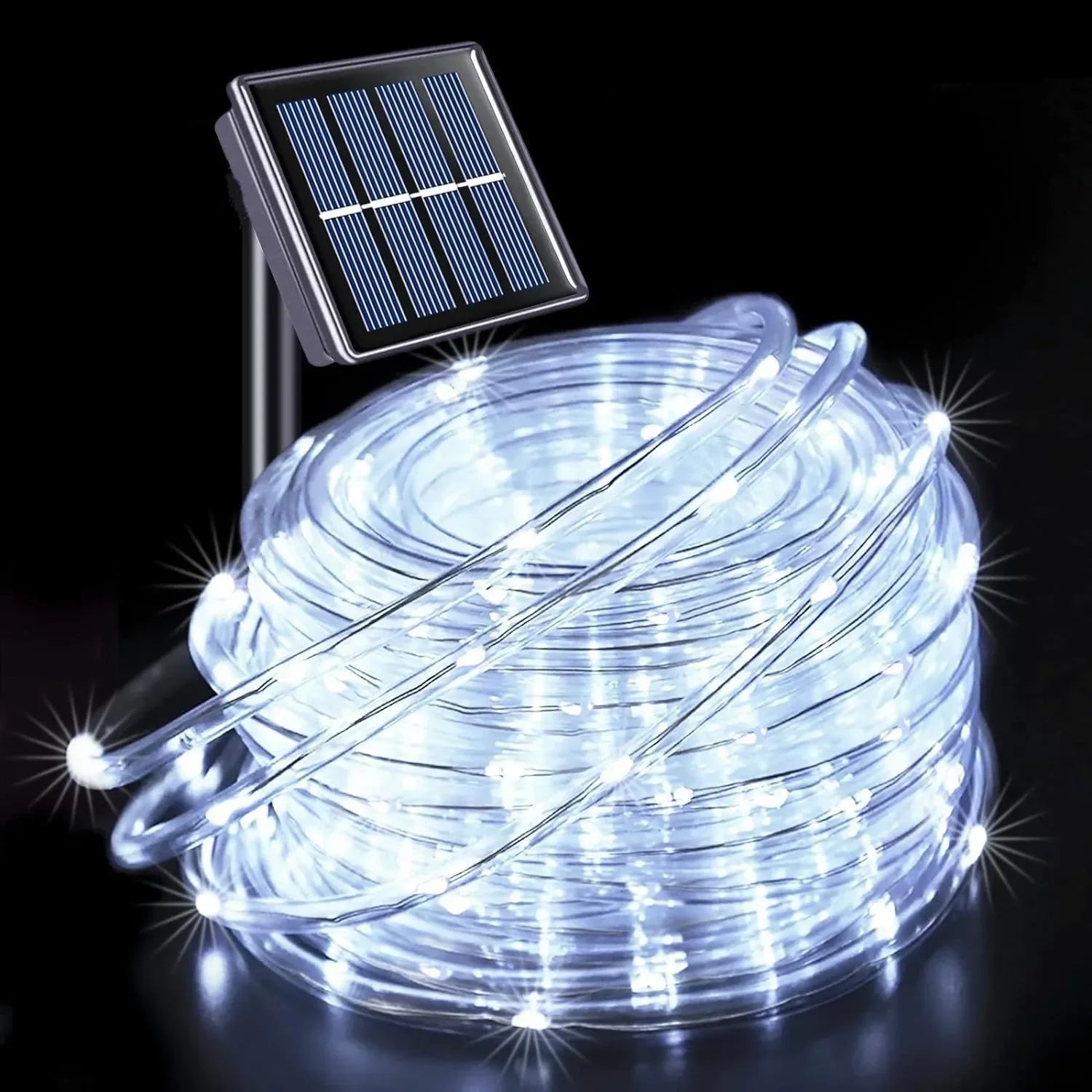 Coiled white led solar strip rope tube fairy light with clear plastic sheath and attached rectangular solar panel for outdoor decor