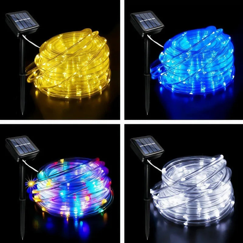 Solar-powered led strip rope tube fairy lights in yellow blue multicolor and clear white for outdoor garden decor