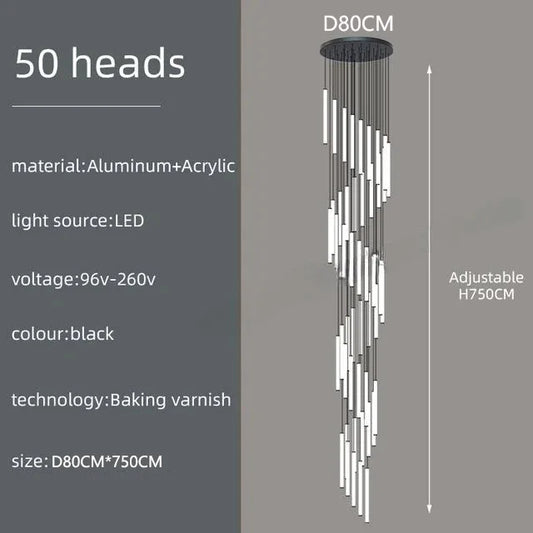 LED Spiral Ceiling Chandelier for Home Lighting - 50 heads / Black chassis / Cold White - Chandelier