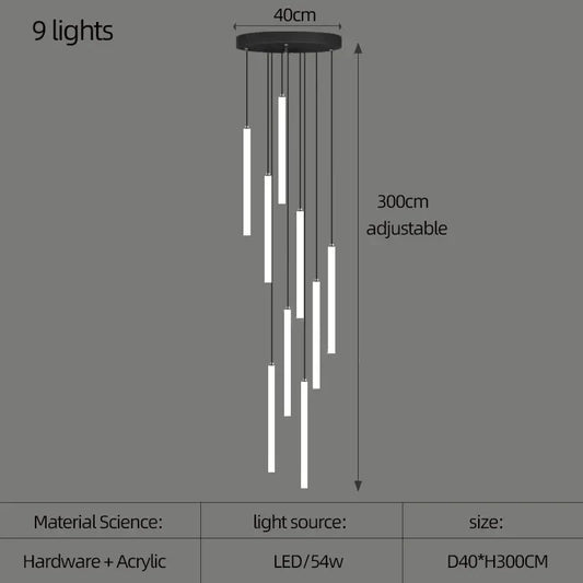 LED Spiral Staircase Ceiling Chandelier - 9 heads / Black chassis / Cold White - Chandelier