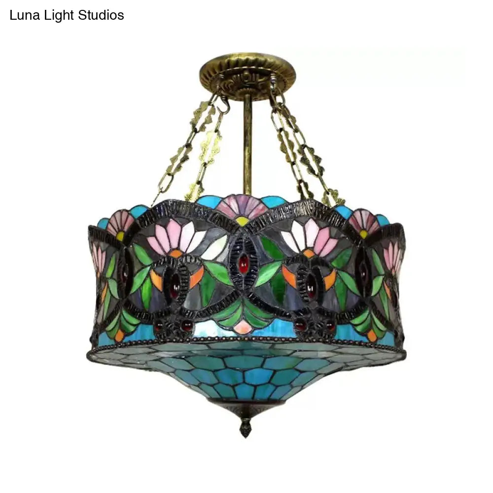 DecorBites™ DecorBites™ LED Stained Glass Living Room Ceiling Light - Baroque Style, 18" W Drum