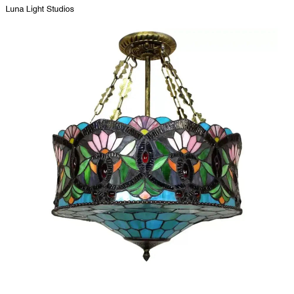 DecorBites™ DecorBites™ LED Stained Glass Living Room Ceiling Light - Baroque Style, 18" W Drum