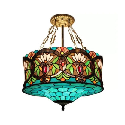 DecorBites™ DecorBites™ LED Stained Glass Living Room Ceiling Light - Baroque Style, 18" W Drum