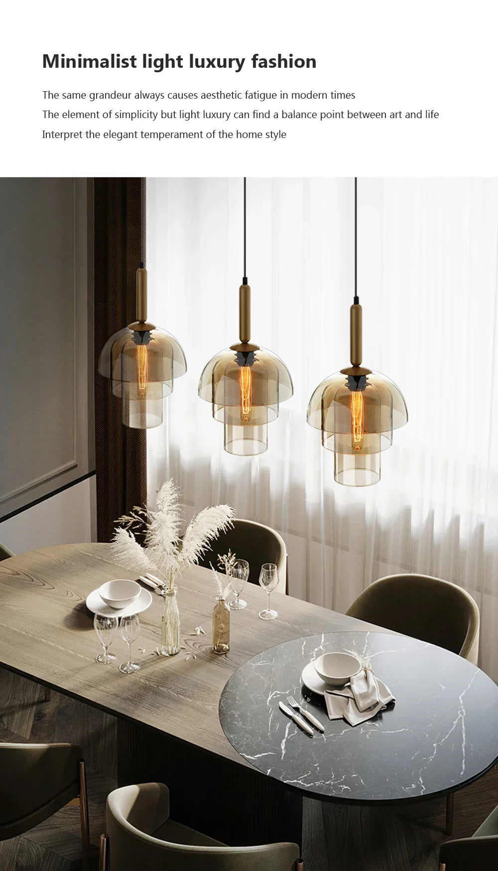 Three amber-tinted glass pendant lights with brass fixtures for vintage art champagne chandelier decor