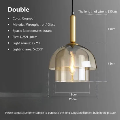 Cognac-colored LED vintage art champagne chandelier pendant lamp with wrought iron and glass dome for indoor decor