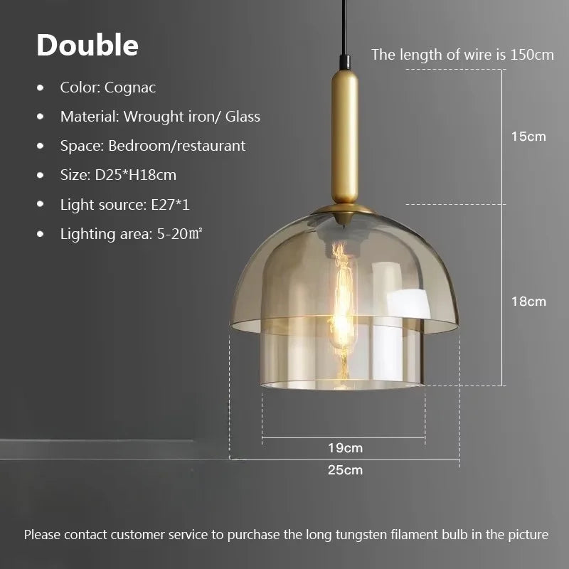 Cognac-colored LED vintage art champagne chandelier pendant lamp with wrought iron and glass dome for indoor decor