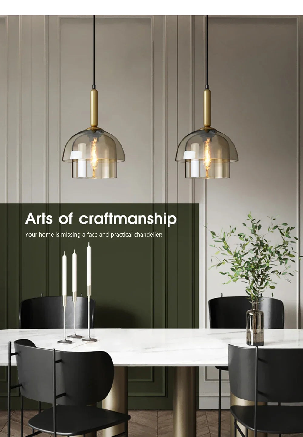 Two modern led vintage art champagne chandeliers with smoked glass domes and brass accents hanging over dining table