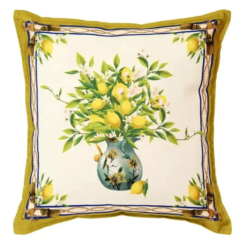 Square lemon print chenille cushion cover in cream with vibrant lemon and greenery decorbites print and olive tassel border