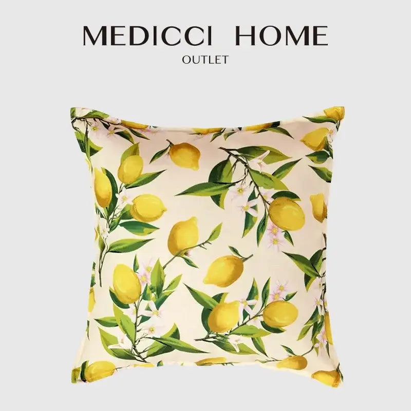 Cream-colored lemon print chenille cushion cover featuring vibrant yellow lemons green leaves and white flowers decorbites decor