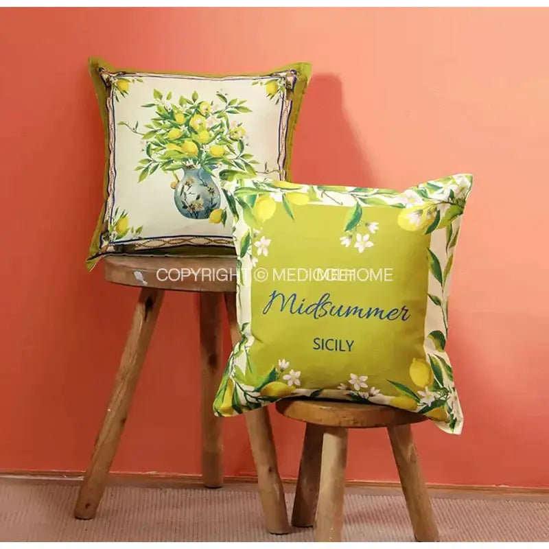 Lime green lemon print chenille cushion cover with midsummer sicily script for living room decorbites decor