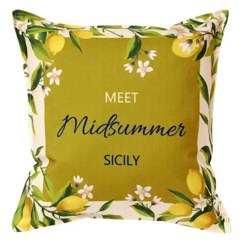 Olive green lemon print chenille cushion cover with yellow lemons white flowers and meet midsummer sicily text for decorbites decor