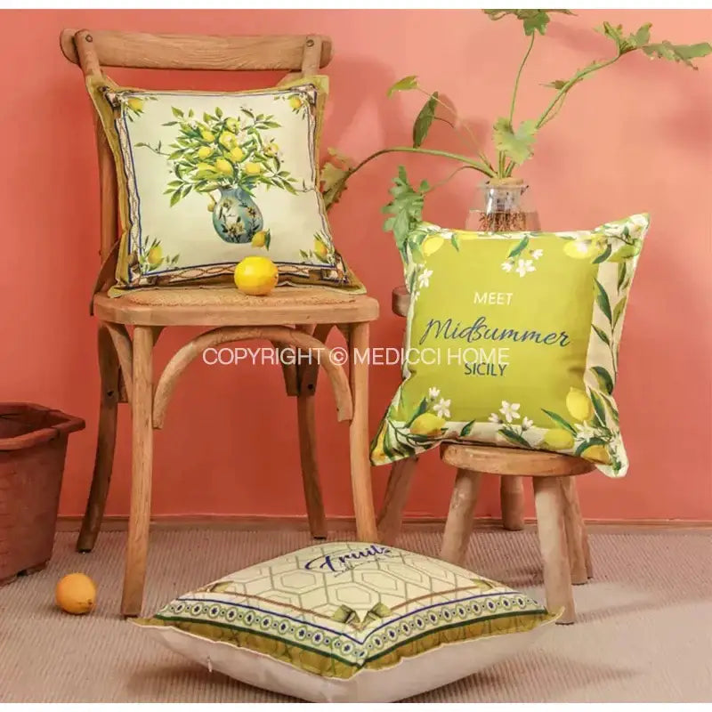 Lime green lemon print chenille cushion cover with meet midsummer sicily text for living room decorbites decor