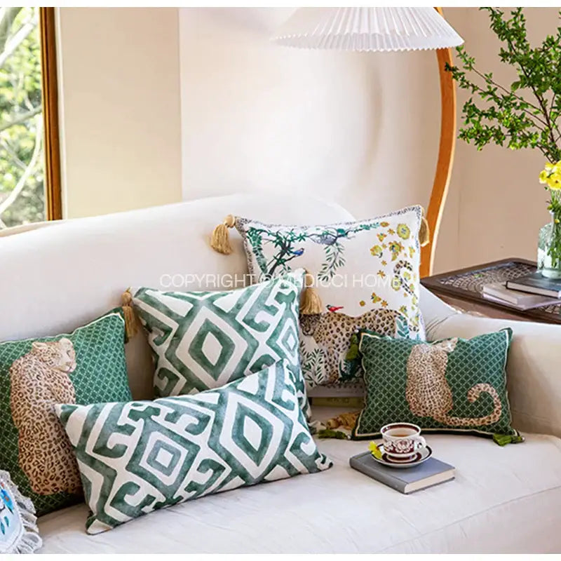 Green and white geometric patterned throw pillow with tassels for decorbites leopard decorative cushion cover