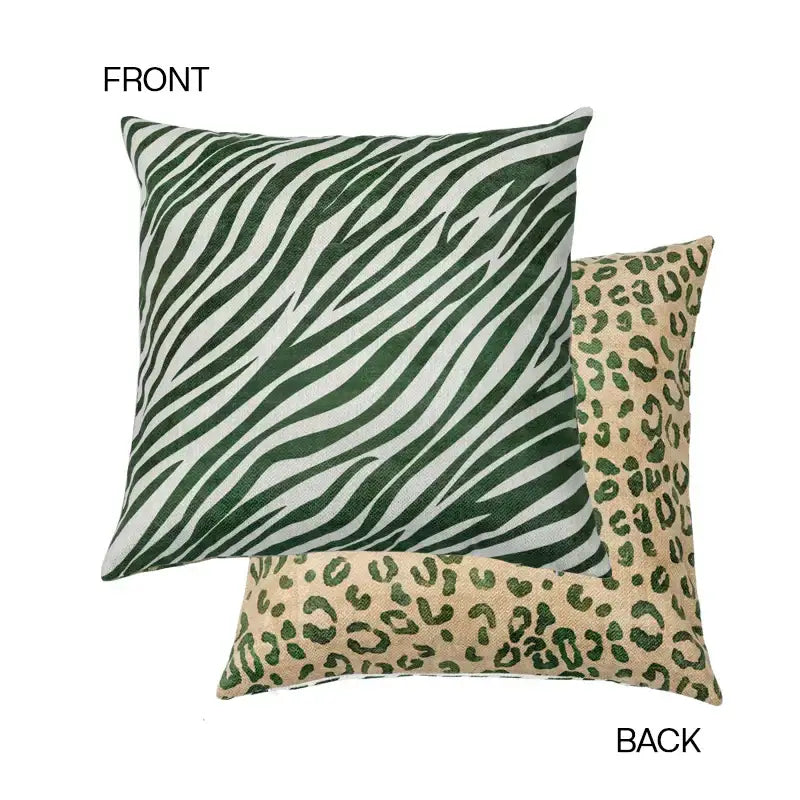 Decorbites leopard decorative square throw pillow with green white zebra front and tan base with dark green leopard back