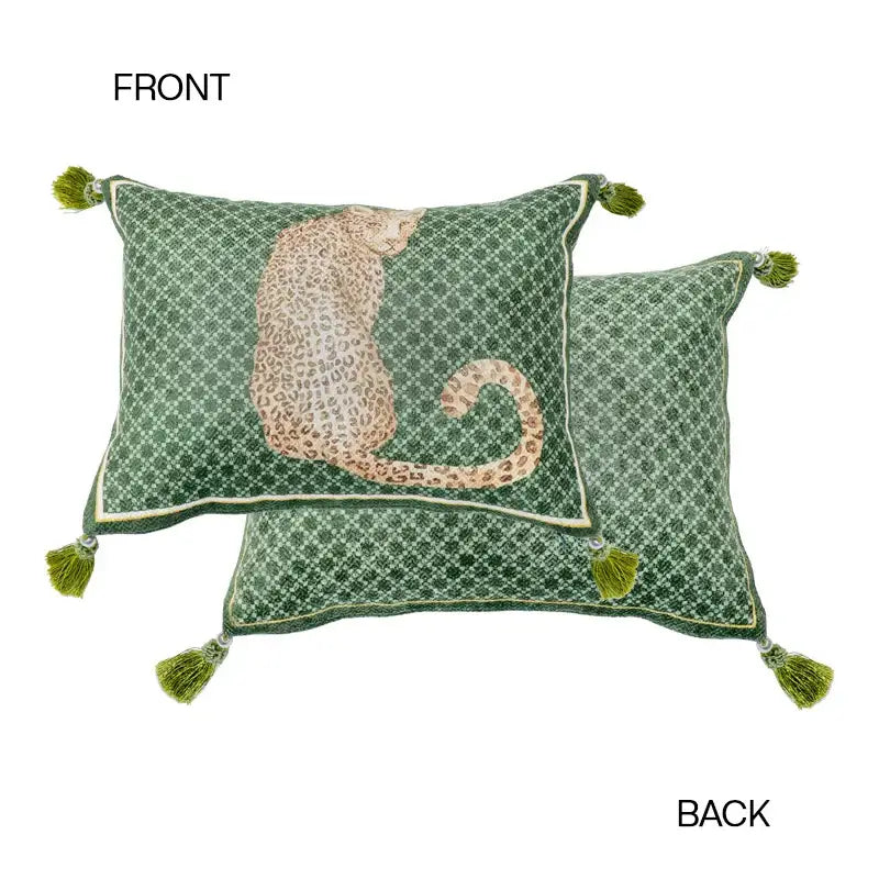 Green decorative cushion cover with beige leopard embroidery and olive green tassels for decorbites leopard decorative pillow
