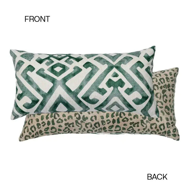 Rectangular decorbites leopard decorative cushion cover with green white geometric front and beige leopard print back