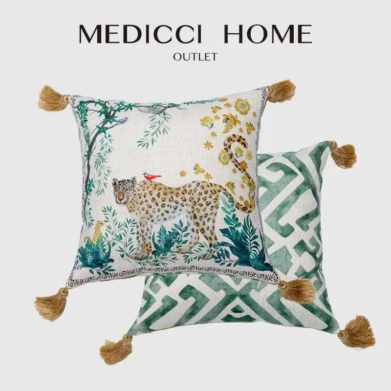 Medicci home outlet leopard decorative cushion cover with embroidered leopard in green and yellow jungle scene with tassels
