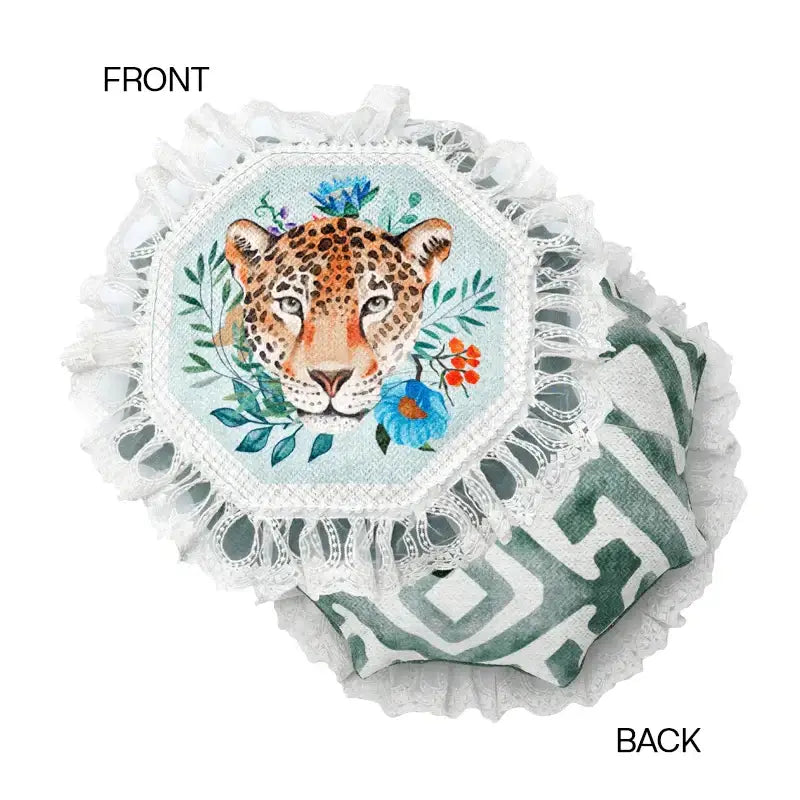 Octagonal decorbites leopard decorative cushion cover with watercolor leopard face floral design and green geometric pattern edged with lace trim