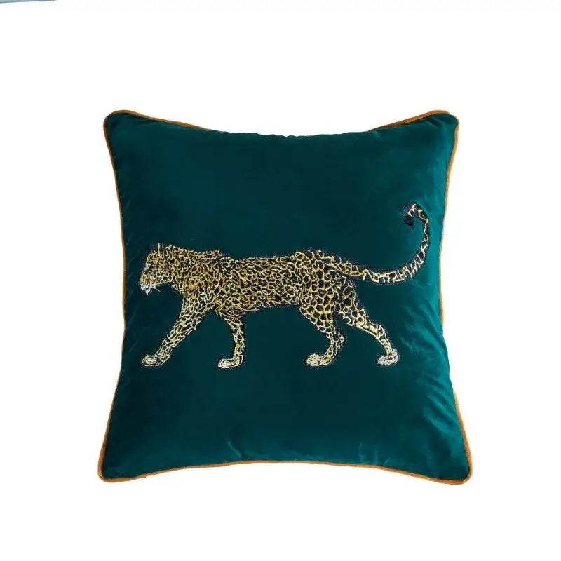 Emerald green velvet decorative pillowcase with gold intricately embroidered walking leopard for living room decorbites leopard embroidered decor