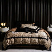 Elegant black and gold leopard jacquard lyocell cotton bedding set with satin trim for stylish bedroom decorbites collection