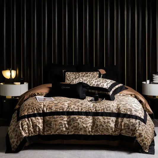 Elegant black and gold leopard jacquard lyocell cotton bedding set with satin trim for stylish bedroom decorbites collection