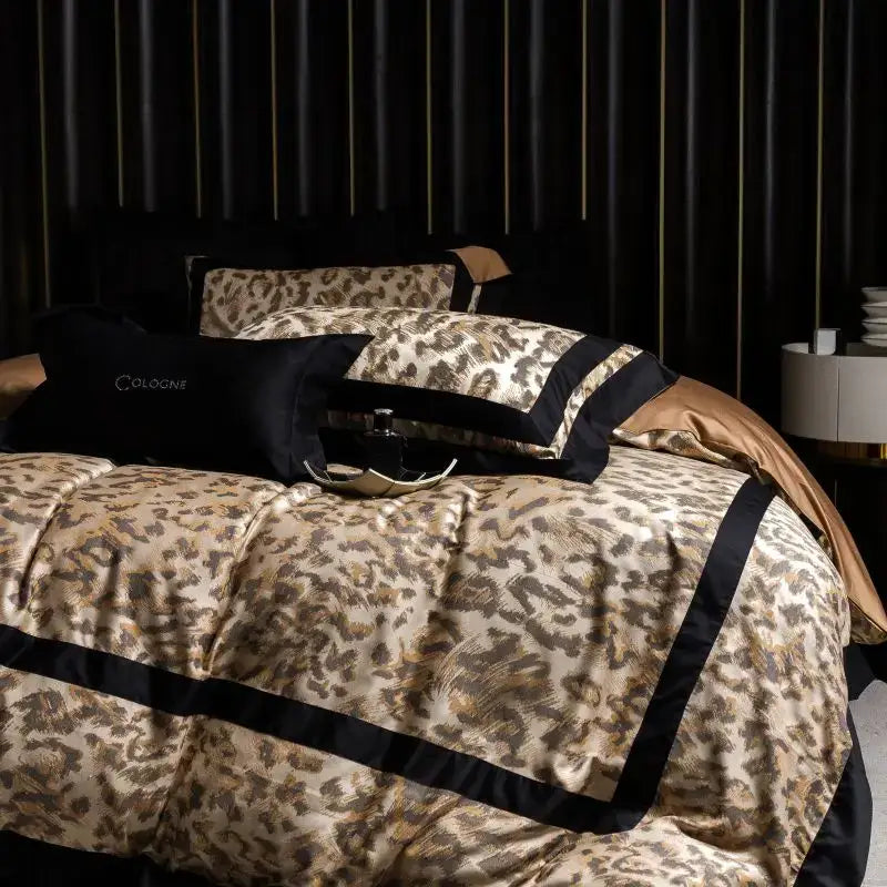 Luxury decorbites leopard jacquard bedding set in black and gold lyocell cotton with satin-like fabric and elegant trim