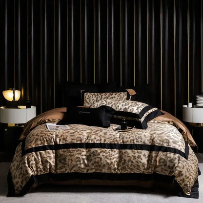 Elegant black and gold leopard jacquard bedding set with satin trim made from lyocell cotton for decorbites
