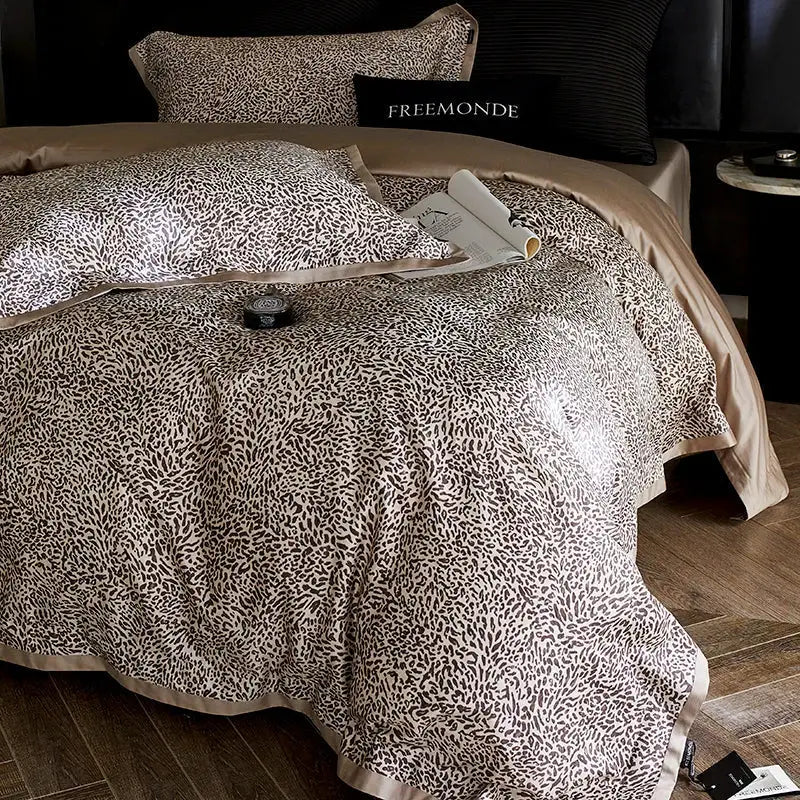 Beige and brown satin leopard luxury bedding set with sleek elegant finish decorbites leopard luxury duvet cover