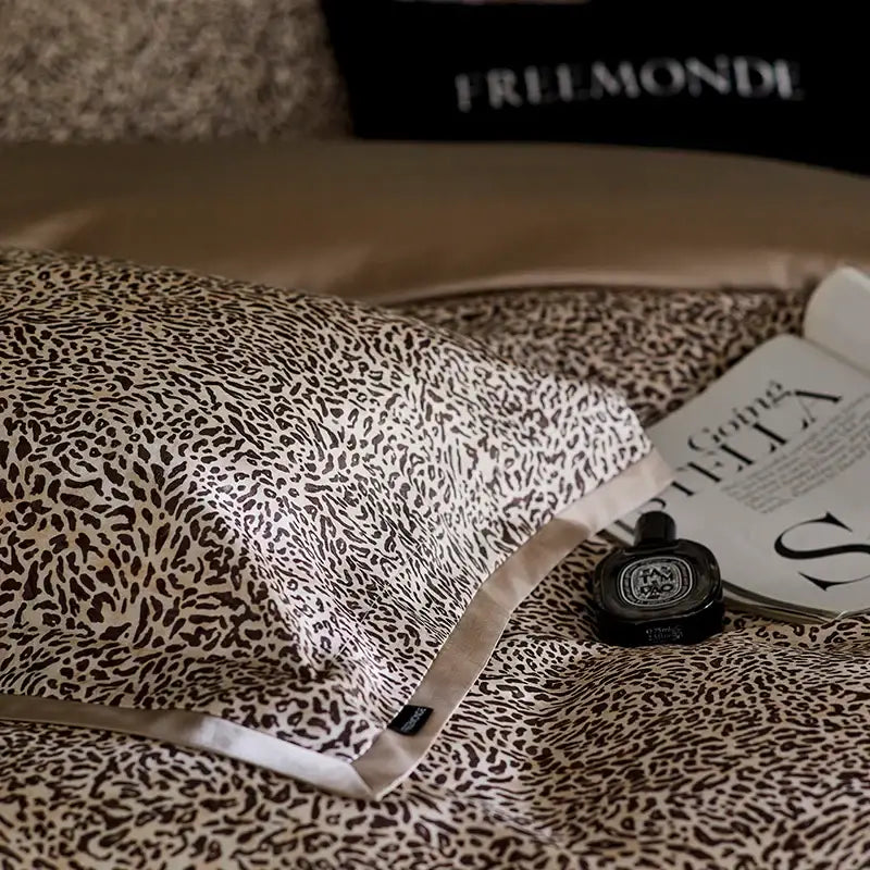 Beige and brown leopard-print silk pillowcase with satin edge from decorbites leopard luxury bedding set