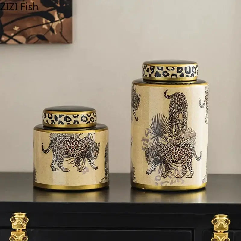 Two elegant cream ceramic storage jars with leopard pattern lids and black beige jungle animal decorbites design