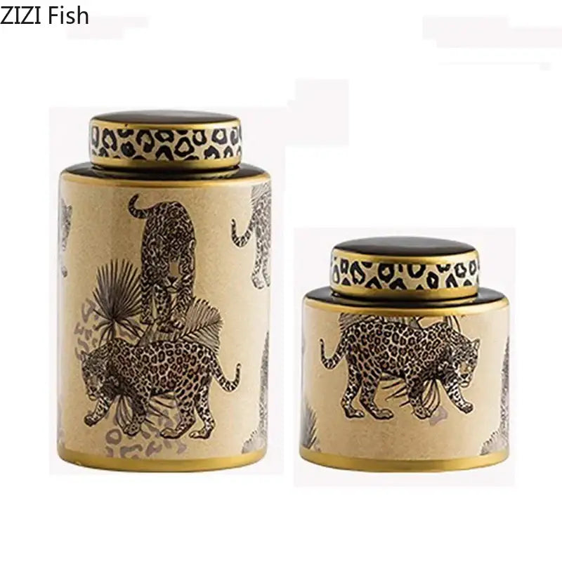 Beige ceramic storage jar with leopard pattern and gold rims featuring matching lids by decorbites leopard pattern design