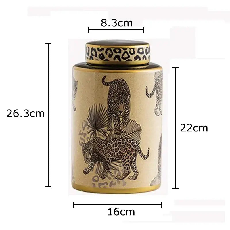 Beige ceramic storage jar with gold trim and black leopard pattern featuring matching leopard print lid decorbites leopard pattern
