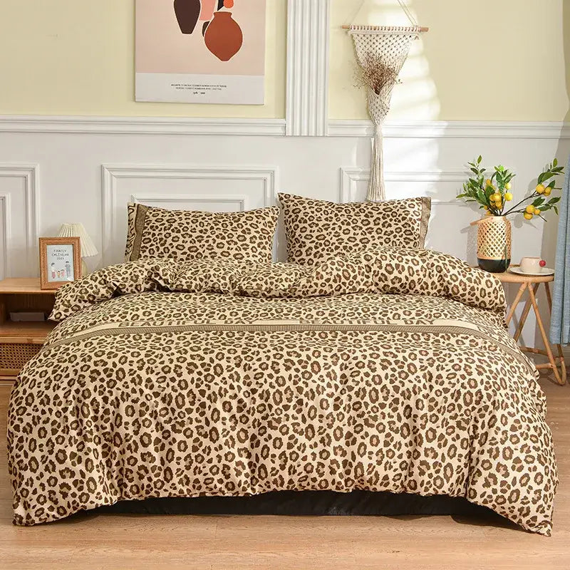 Leopard print beige and brown bedding set made of soft fabric featuring decorbites leopard print pattern for bedroom use