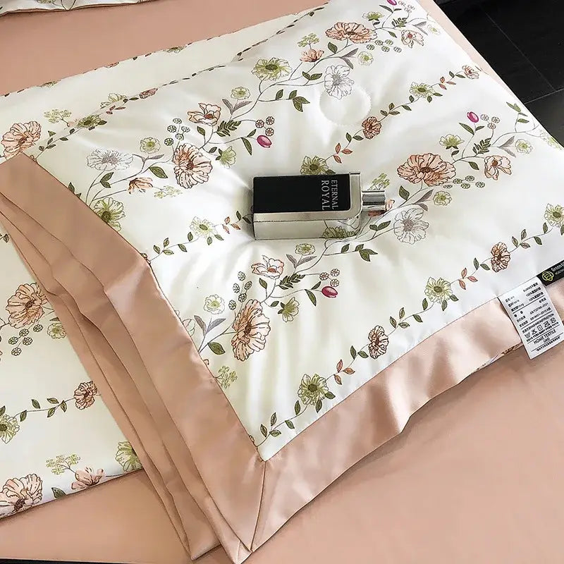 Beige floral-patterned satin pillowcase with pastel blossoms and satin border for decorbites leopard print summer decor