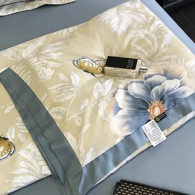 Beige silk pillowcase with white floral embroidery blue peony and gold butterfly motifs in leopard print cream satin decorbites bedroom decor