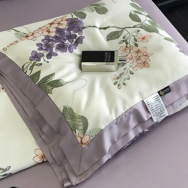 A cream satin pillowcase with floral pattern and lavender border suited for decorbites leopard print summer decor