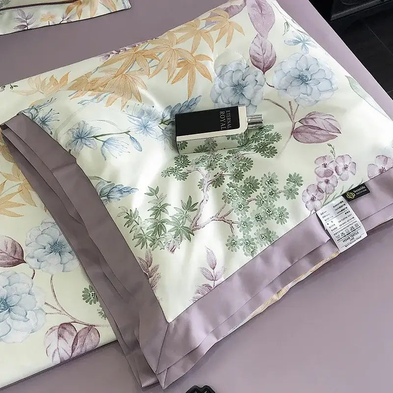A cream-colored silk pillowcase with soft watercolor florals and lavender satin border for decorbites leopard print decorbites leopard print summer