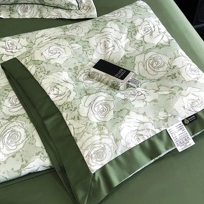 A delicate sage green satin pillowcase with white rose pattern and olive-green trim for decorbites leopard print summer decor
