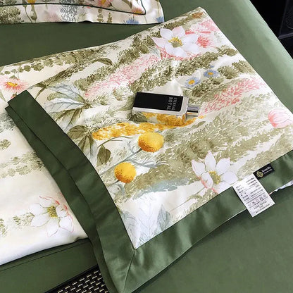 Elegant satin pillowcase with floral pattern and olive border in leopard print cream and blue decorbites leopard print summer style