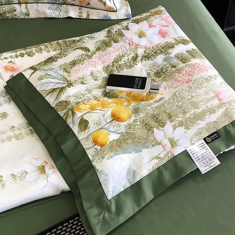 Elegant satin pillowcase with floral pattern and olive border in leopard print cream and blue decorbites leopard print summer style