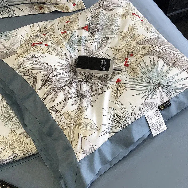 Luxurious cream silk pillowcase with botanical print and blue satin border for decorbites leopard print summer decor
