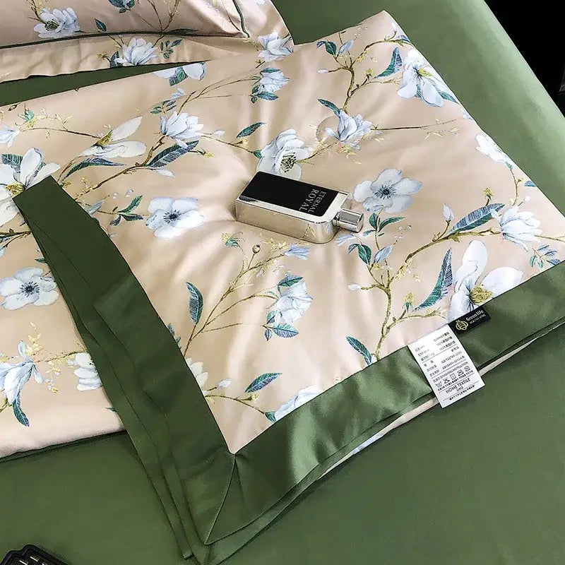 A sleek silver perfume bottle on a beige floral bedsheet complements leopard print summer decorbites leopard print pillow sham
