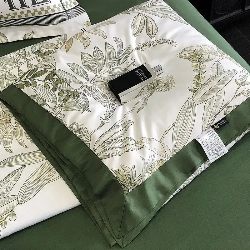 White satin pillowcase with olive green leafy botanical print and matching border for decorbites leopard print summer decor