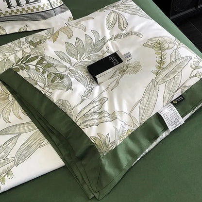 White satin pillowcase with olive green leafy botanical print and matching border for decorbites leopard print summer decor