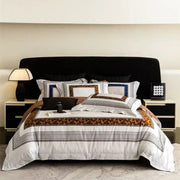 White bedspread with bold brown leopard print and black gray striped borders in decorbites 1000tc egyptian cotton bedding set
