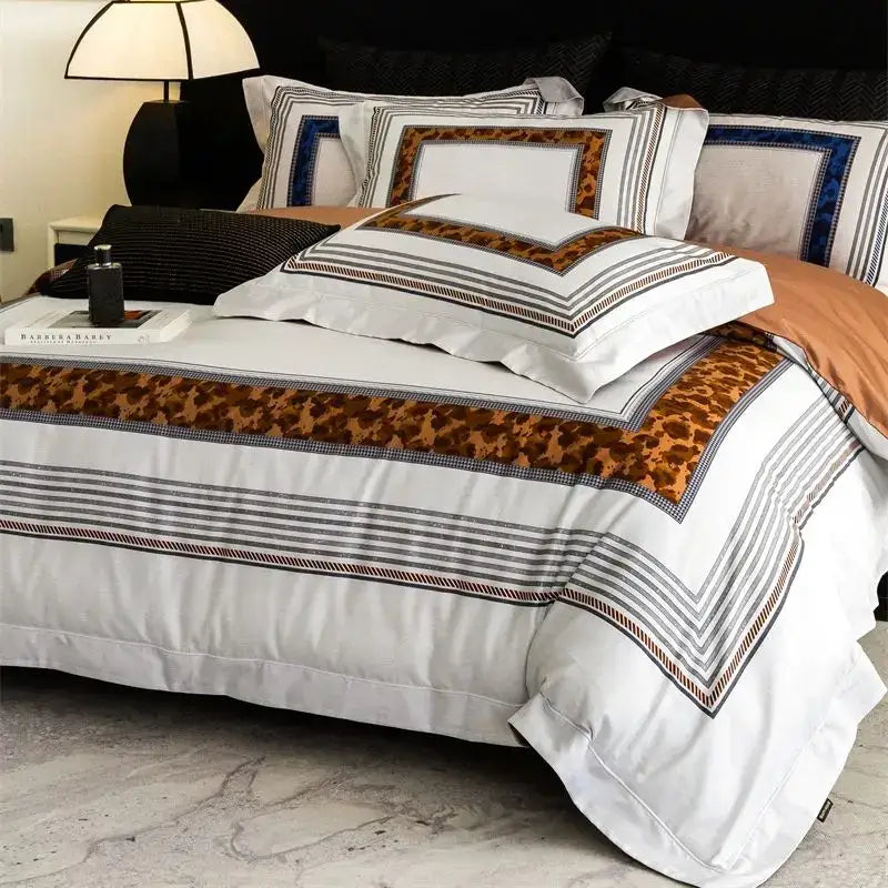 White duvet cover with bold leopard print and geometric stripes in brown black and gray from decorbites 1000tc egyptian cotton bedding set