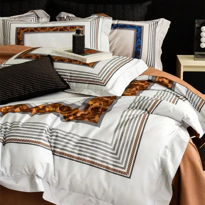 White duvet cover with bold black gray and brown geometric patterns in a decorbites 1000tc egyptian cotton bedding set