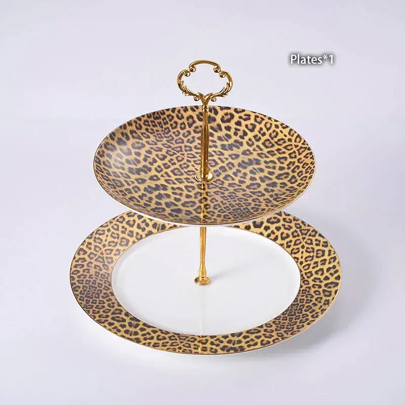 Gold-toned leopard print two-tier serving tray with ornate handle from decorbites leopard print coffee set decor